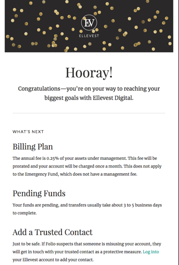 Ellevest onboarding email showing clear next steps for account setup and investment platform guidance